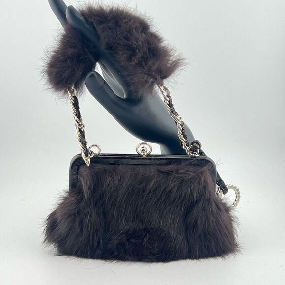 bebe Handbags - Vintage Bebe Mini Clutch Purse Real Fur Brown Silver Hardware Rhinestone Y2K